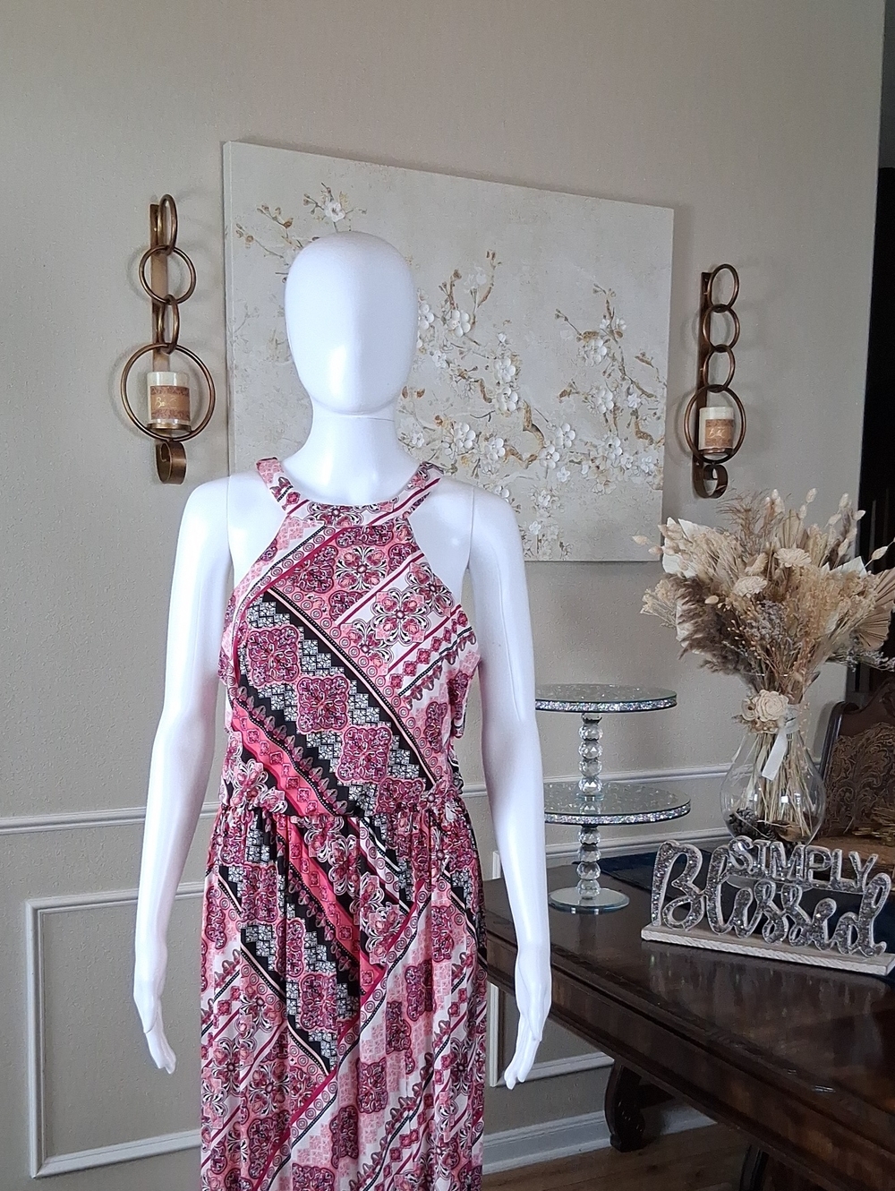 Trixxi Women's Halter Pink Multi Boho Maxi Dress Size Large Summer Dress - Picture 4 of 14